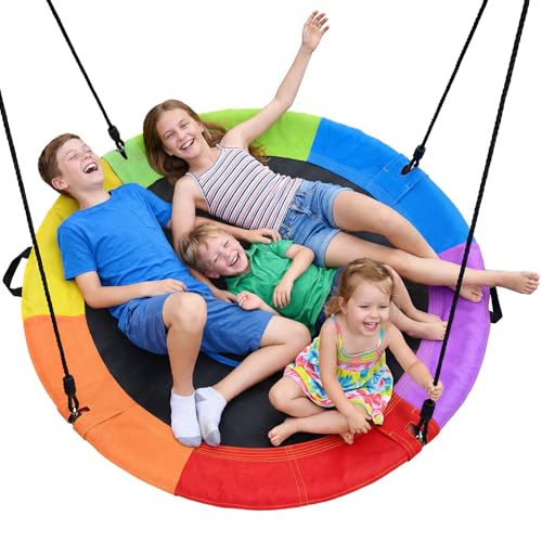 Trekassy Nestschaukel Outdoor 120cm Tellerschaukel für bis zu 300kg, 900D Oxford wasserfeste Kinderschaukel Garten, 2 Schaukel Gurte 3M, verstellbaren Hängeschaukel Indoor & Outdoor für Kinder (Bunt)