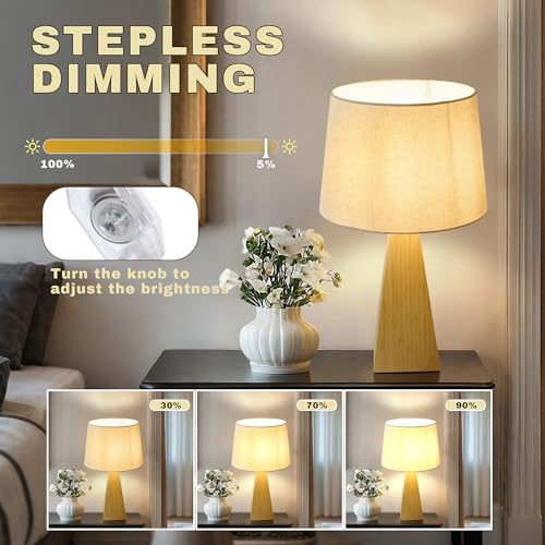Image of Bamboo Table Lamp, Dimmable Bedside Lamp for Bedroom Decor | 20.3 inch Mid-Century Modern Desk Lamp with Linen Shade for Nightstand, Living Room, Office & Kids Room