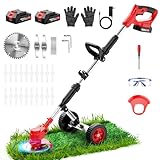 reffmov Weed Wacker with Wheels, Electric Weed Trimmer, Weed Eater 21V Battery Powered, Cordless String Trimmer Brush Cutter, Lawn Mower Edger Lawn Tool for Garden Yard