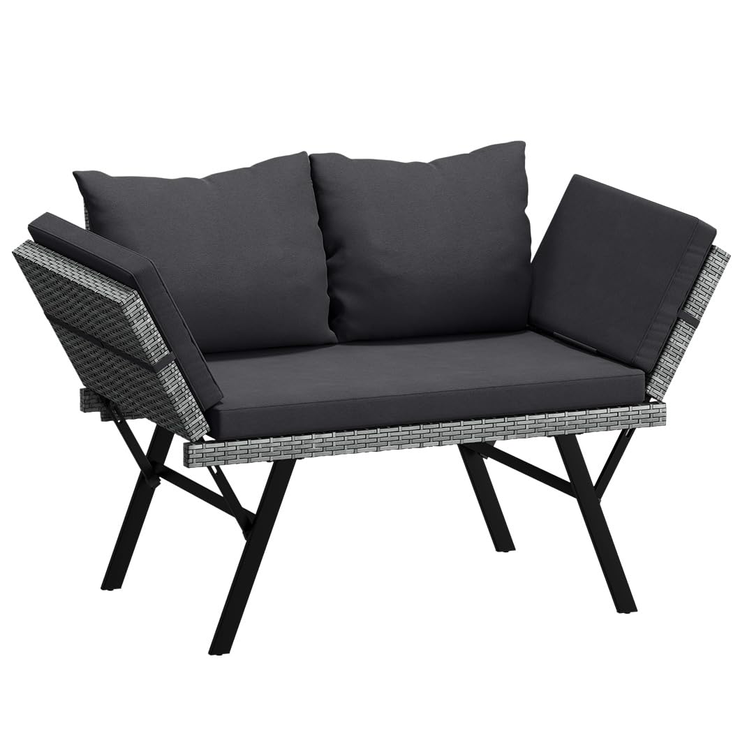 STEELSØN Elytra Gartenbank inkl. Auflagen & Kissen – klappbares Loungesofa grau – Rattan Sonnenliege wetterfest – Terrassen Sitzbank Liegefunktion bis 177 cm – Gartencouch mit verstellbaren Armlehnen