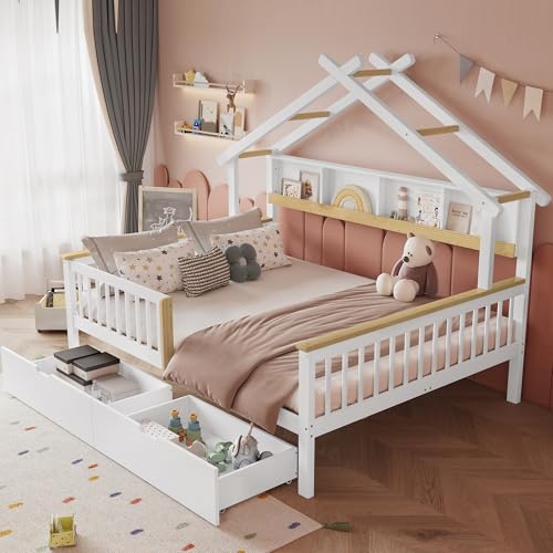 Cuna, 140 x 200 cm, con protección contra caídas y rejilla, diseño de techo único, estantería de almacenamiento de 2 m, dos cajones con ruedas, camas planas, camas de madera, marco de pino+MDF, blanco