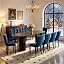 Walnut Table With 10 Blue Chairs
