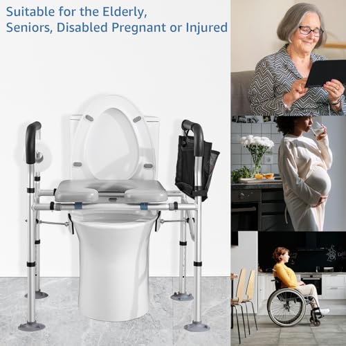 Raised Toilet Seat 400lbs, Toilet Seat Risers for Seniors, Handicap Elevated Toilet Seat with Handles & Padded Seat, Commode Chair with Adjustable Height & Width, for Elderly, Pregnant, Fit Any Toilet