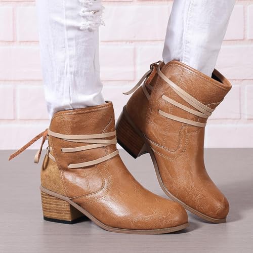 Womens Ankle Booties Vintage Slip on Round Toe Chunky Stacked Mid Heel Booties Comfy Outdoor Western Dress Shoes4