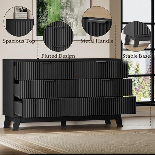 Image of BORNOON 53 inch Long Dresser for Bedroom, 6-Drawer Dresser with Fluted Fronts, Wide Wood Chest of Drawers, Smooth Metal Slides, Stable Base, Modern Clothes Storage Cabinet for Living Room, Hallway