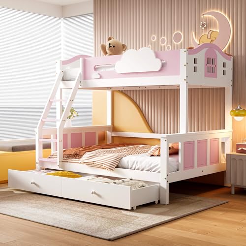 NQSLDM Litera de 90 x 200 y 120 x 200 cm con cajones y protección anticaídas, litera con escalera y espacio de almacenamiento, marco de cama con somier, cama de almacenamiento para niños y jóvenes,