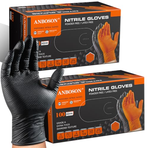 Image of ANBOSON 10 Mil Heavy Duty Mechanic Nitrile Gloves, Large Black 200 Count | Diamond Grip,Latex Free,Chemical Resistant Disposable Thick Rubber Gloves for Auto Repair, Industrial, Food, Work ,BBQ,Men