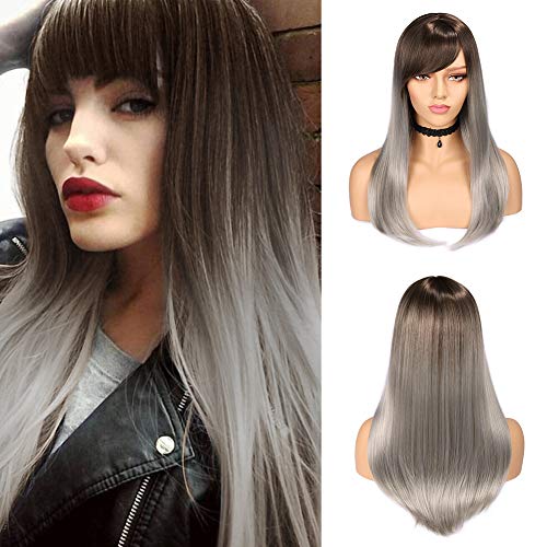 HANNE Ombre Brown to Gold Grey Synthetic Wigs with Free Bangs For Black and White Women Long Straight Hair Heat Resistant High Density Glueless Synthetic Hair Wigs (Brown/Gold Gray)