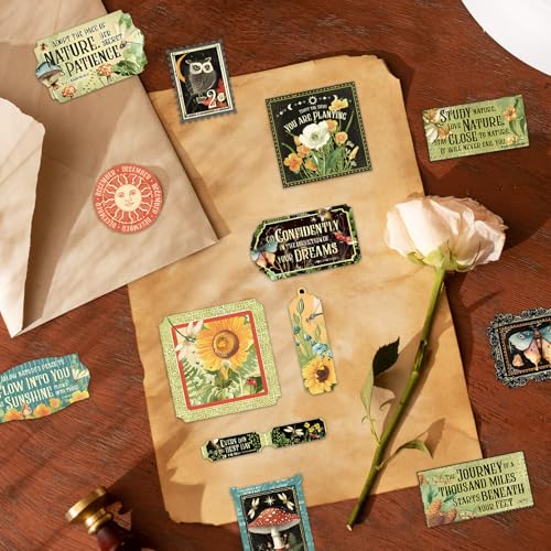 Image of Cottagecore Stickers Vintage Nature - Botanical Mushroom & Sunflower Waterproof Vinyl for Adults | Journal Planner Decor | Laptop Water Bottle Scrapbooking