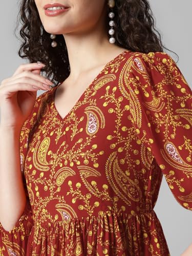 Image of DEEBACO Women's Paisley Print Rayon Top & Pants Co Ord Set For Women V Neck 3 /4 Puff Sleeve Ladies Party Casual Wear Fashionable For Girls Loose Fit Cord Set (DBCOMR00000988 XXL Multicolor)