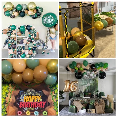 Image of 60 PCS Sage Green, Gold, Brown Latex Balloons - Woodland Camo Army Olive Green, Dark Brown, Coffee Nude Gold Party Balloons for Jungle Safari Woodland Hunting Birthday Decorations