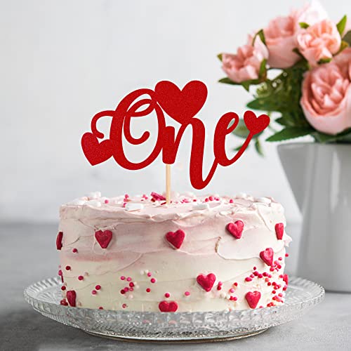 1 Pack One Cake Topper With Glitter Love Heart 1St Valentine's Day Baby Shower Cake Picks Valentine's Day Theme Wedding Baby Shower Kids 1St Birthday Party Cake Decorations Supplies Red #TOP3