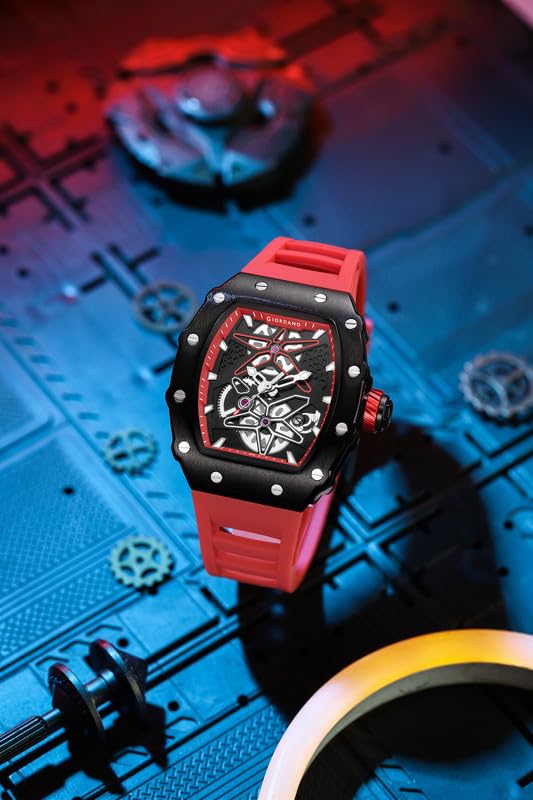 Image of Giordano Analog Skeleton Dial Watch for Men - Tonneau Case, Silicone Strap, Open-Gear Sport Design, Quartz Movement