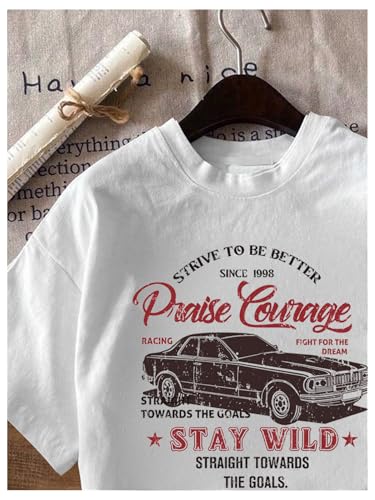Image of RoseSeek Women's Graphic Letter Tee Crew Neck Drop Shoulder Trendy Summer T Shirt Short Sleeve Vintage Car Print Top