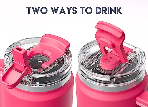 Image of Meoky 32 oz Tumbler with Handle, Insulated Tumbler with Lid and Straw, Stainless Steel Travel Mug, Keeps Cold for 24 Hours, 100% Leak Proof, Fits in Car Cup Holder (Ruby)