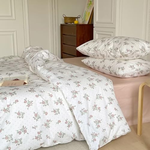 Image of MKXI Garden Floral Duvet Cover Peach Blossom Aesthetic Bedding White Print Duvet Cover Pink Floral Queen Size Cottagecore Soft Bedding 100% Cotton