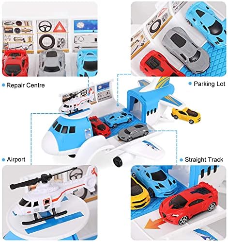 Shayson Transport Cargo Airplane Car Toy Play Set for Boys and Girls Ages 3 and Up - Includes 4 Cars, 1 Helicopter, Kids DIY Preschool Toy Gift