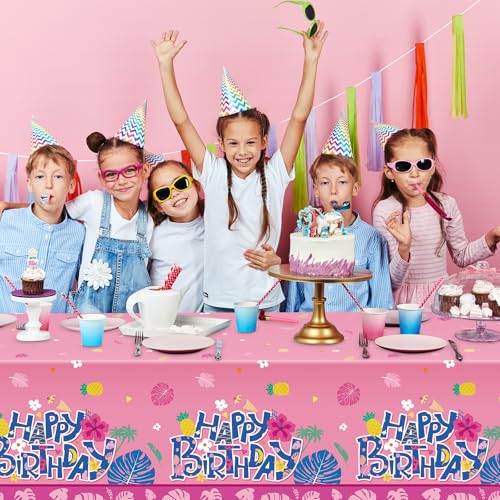 Image of Oudain 5 Pcs Cartoon Birthday Party Disposable Tablecloth Decoration Hawaiian Hibiscus Tropical Leaves Pattern Table Cloths 108'' x 54'' Luau Plastic Waterproof Rectangular Covers for Party (Pink)