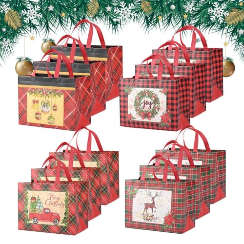 Christmas Tote Bags - 12 bolsas de envoltura para festivales no tejidas, bolsas de trato de vacaciones con asas, almacenamiento de regalos reutilizables, embalaje de fiesta de temporada, bolsa de