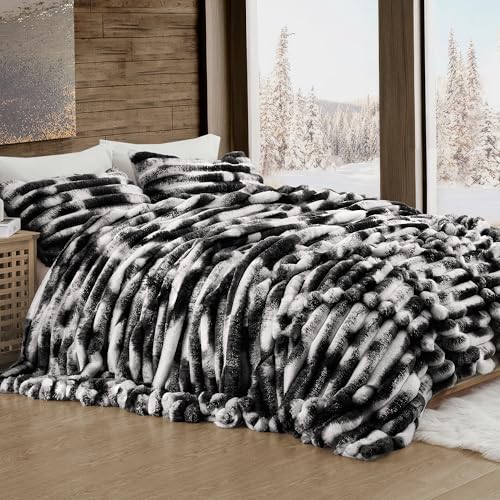 Image of Wonderful Fluffy Faux Rabbit Fur Comforter Set Queen Size, Striped Stitching Tie-Dye Black Plush Fuzzy Bedding Set 3 Pieces, Warm Soft Comforter Bedding Set for Winter, 90 inchx90 inch