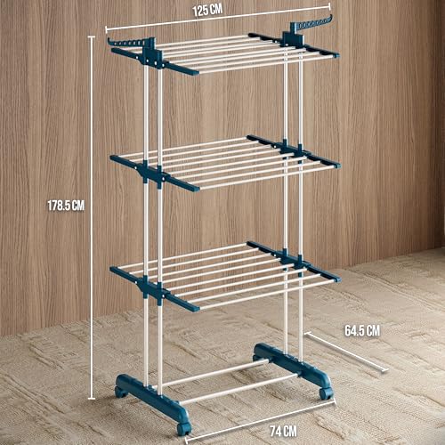 Image of amazon basics Mild Steel Double Supported 3 Layer Cloth Drying Rack | Foldable and Movable | Silver & Teal | Iron, Plastic |