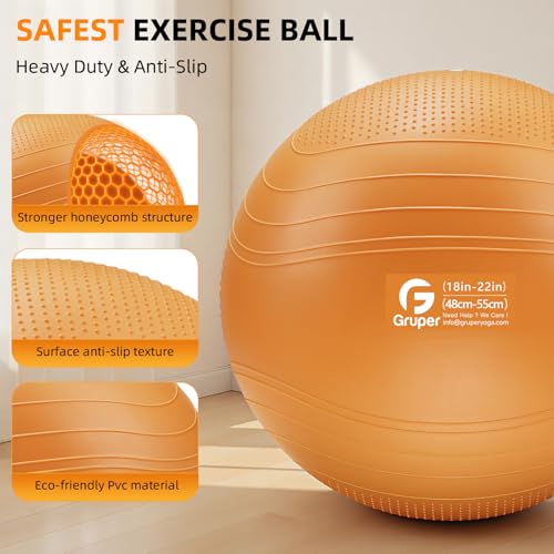 Image of Gruper Yoga Ball, Extra Thick Non Slip Exercise Ball for Workout, Yoga, Pregnancy, 4 Sizes Anti Burst Chair for Home and Office, Includes Foot Pump & Fitness Guide
