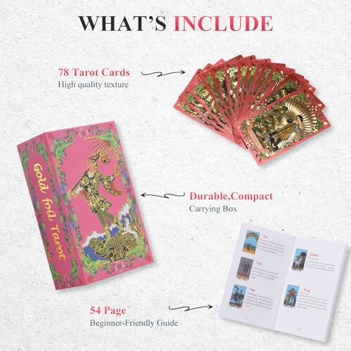 EGCUQ 78 Pink Tarot Cards with Guide Book,Gold Foil Rider Waite Tarot Deck PVC for Beginners to Expert (Pink)