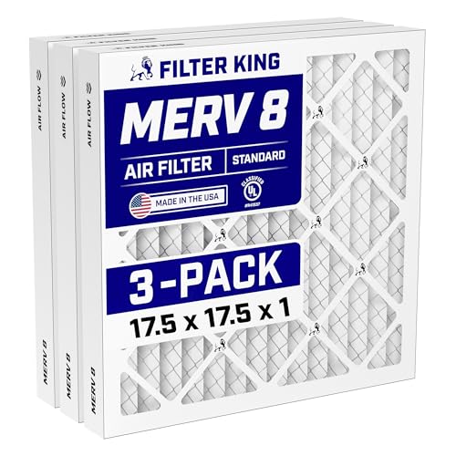 Filter King 17.5x17.5x1 Air Filter (MERV 8) (3-Pack) Dust & Allergy Control AC Furnace Filters MADE IN USA HVAC Pleated Electrostatic (Actual Size: 17.5 x 17.5 x .75)