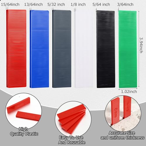Image of Konohan 1200 Pcs Plastic Flat Shims Structural Tile Plastic Shims for Leveling, 3 /64, 5 /64, 1 /8, 5 /32, 3 /16, 1 /4, Green, Black, White, Grey, Blue, Red
