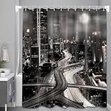 Duschvorhang 120x200 cm Nachtansicht der Stadt 3D Duschvorhänge Anti-Schimmel Wasserdicht Grau Waschbar Stoff Polyester Badevorhänge mit 8 Haken für Badezimmer Badewanne b.2203