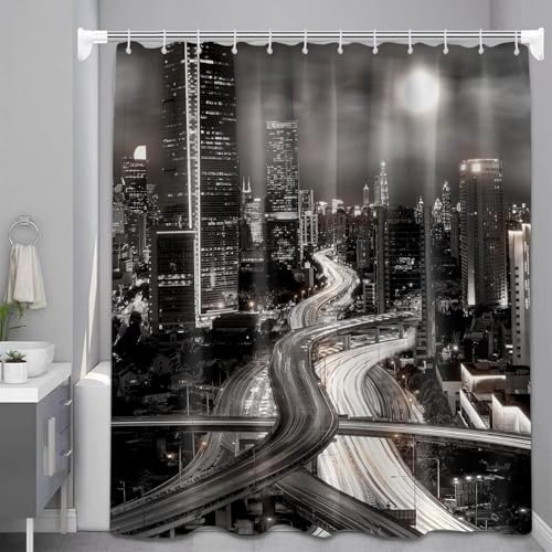 Duschvorhang 120x200 cm Nachtansicht der Stadt 3D Duschvorhänge Anti-Schimmel Wasserdicht Grau Waschbar Stoff Polyester Badevorhänge mit 8 Haken für Badezimmer Badewanne b.2203