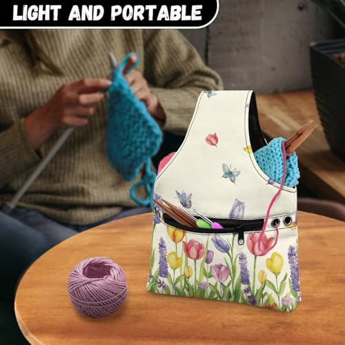 Image of KUIFORTI Floral Knitting Yarn Bag, Yarn Bags for Crocheting on The Go Crochet Organizer Storage Bag, Yarn Tote for Crochet Accessories, Knitting Needles, Fit for Women Girls at Home Travel, Small Size