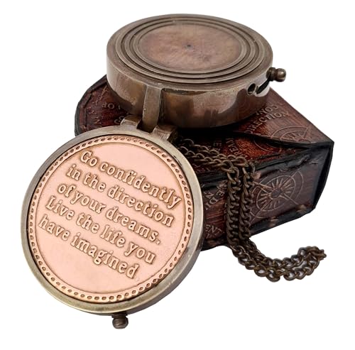Brass Nautical Thoreau's Go Confidently Embossed Solid Brass Compass with Leather Case