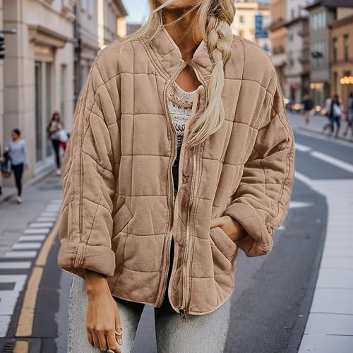 Quilted Jackets for Women Stand Collar Zipper Puffer Jacket Winter Thermal Casual Long Sleeve Bomber Coats Outerwear2