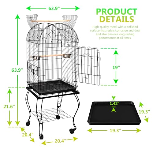 SUPER DEAL 63.5'' Rolling Bird Cage Large Wrought Iron Cage for Cockatiel Sun Conure Parakeet Finch Budgie Lovebird Canary Medium Pet House with Rolling Stand & Storage Shelf - Thumbnail 5