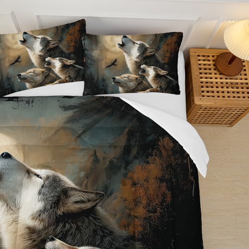 Image of Wolf Comforter Set Full for Kids Boys Girls,Howling Wolves Comforter Set,Eagle and Wolf Night Moon Forest Bedding Set, Wild Animals Quilt Set for Bedroom Decor,All Seasons