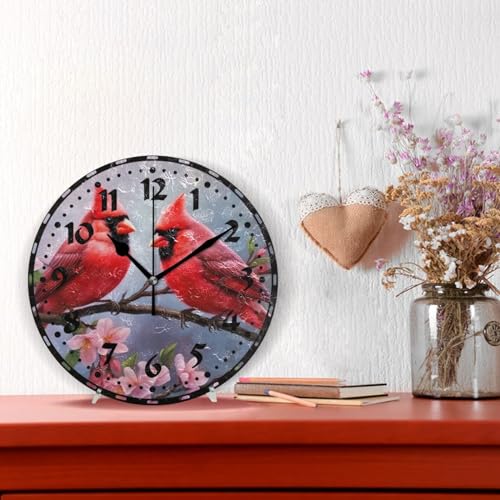 xigua Cardinal Bird Pattern Wall Clock, Silent Non Ticking 10 Inch Battery Operated Wall Clocks, Easy to Read Clock for Home Kitchen Living Room Bathroom Office Decor