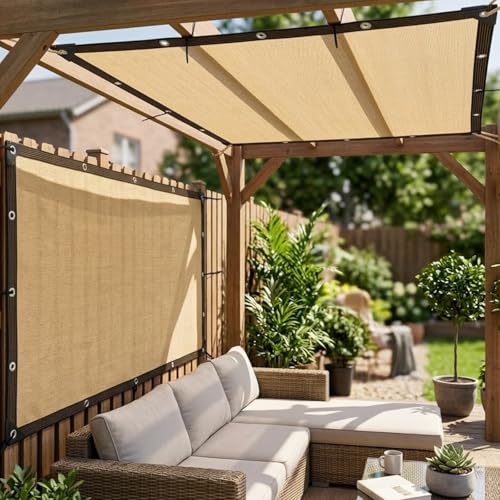 Filet d'Ombrage Beige 90%, Toile d'Ombrage avec Œillets pour Pergola Terrasse Balcon Clôture, Filet Camouflage Brise Vue Extérieur Respirant en HDPE, Coins Renforcés(1.5x4m)
