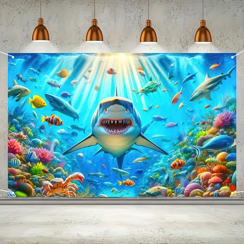 Image of Shark Fish Ocean Theme Birthday Banner - 71x43 Inch Polyester Ocean Decorations Photography Backdrop Ideal for Party Decorations Events Indoor Outdoor Use by BlissYard