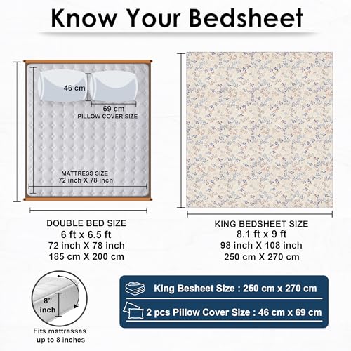 Image of Story@Home King Size Bedsheet | Air Cotton Flatsheet King Size with Two Pillow Covers| 240 TC | Super Soft Bed Sheet for King Size Bed | Floral Design (270 x 250 cm, Creame & Blue)
