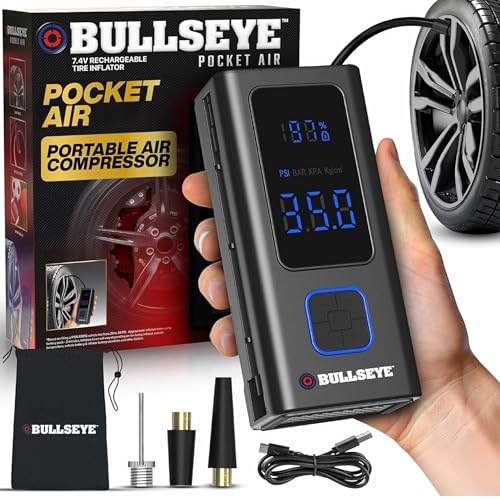 POCKET AIR Tire Inflator Portable Air Compressor by Bullseye Pro for Tires, Balls, Bike with Persta Valve, Auto Shut Off, Inflates in 2 Min, Cordless Rechargeable 4000MAH,100 PSI, SoS Light