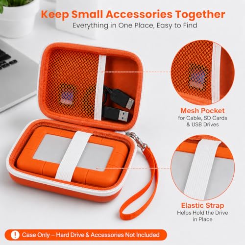 Image of ALKOO Case for LaCie Rugged Mini 1TB /2TB /4TB /5TB External Hard Drive | Portable HDD Holder, Cable Pocket, SD Card Storage, for Photographers, Creators, Students, Office,Travel,Case Only,Tangerine