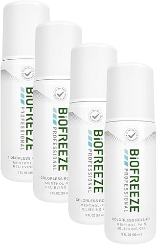 Biofreeze Roll-On para aliviar el dolor, 3 onzas, roll-on incoloro, acción rápida, larga duración y potente analgésico tópico, paquete de 4