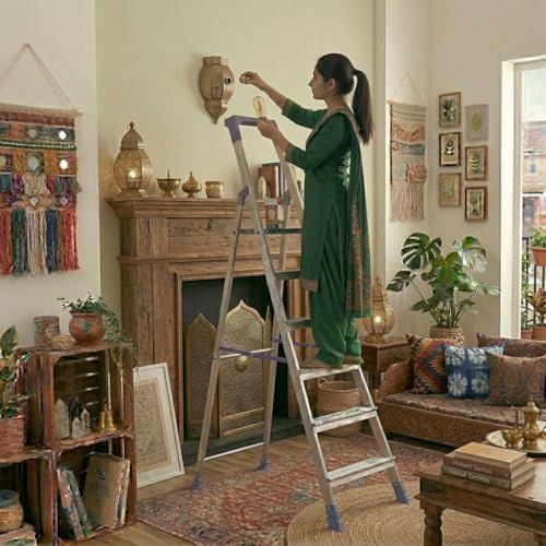 Image of CIPLA PLAST Step Ladder for Home Use | Foldable Aluminium Ladder for Home with Scratch Resistant | Anti Skid Shoes and Extra Strong Wide Steps | Home Pro Steps - (Silver & Blue) (6 Steps)