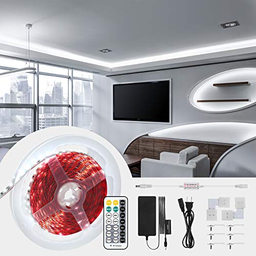 JIRVY 5M LED Strip Lights Kit 600 LED Strips with RF Remote DC 12V Rope Light Non-Waterproof LED Tape Ribbon Lighting Under Cabinet Lighting Strips (600 Daylight White)