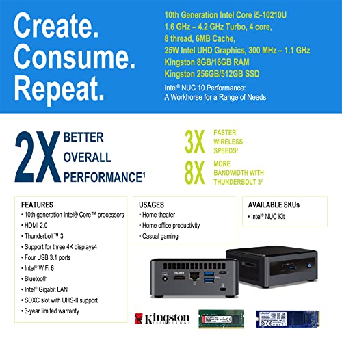 Intel Nuc10 Nuc10I5Fnhn Latest Desktop Mini Pc,10Th Generation Intel® Core™ I5-10210U, Upto 4.2 Ghz, 4 Core, 8 Thread, 25W Intel Uhd Graphics, Kingston 8Gb Ram, Kinston 256Gb Pcie Ssd, Win 10 Pro #TOP5