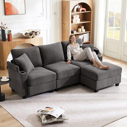 Bladez Sofá modular de esquina en L de 3 plazas con reposapiés de posición libre, soporte para bebidas integrado, bandeja para reposabrazos y 2 almohadas, sofá combinado flexible para salón y oficina
