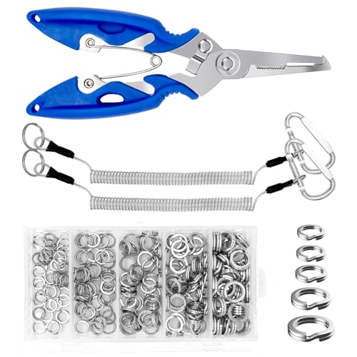 Yauhar 203Pcs [5 - Sizes] Heavy Duty Stainless Steel Split Fishing Rings with Fishing Pliers and Lanyard Wire Coiled Lanyard, Double Snap Loop Lure Connectors for Saltwater Freshwater