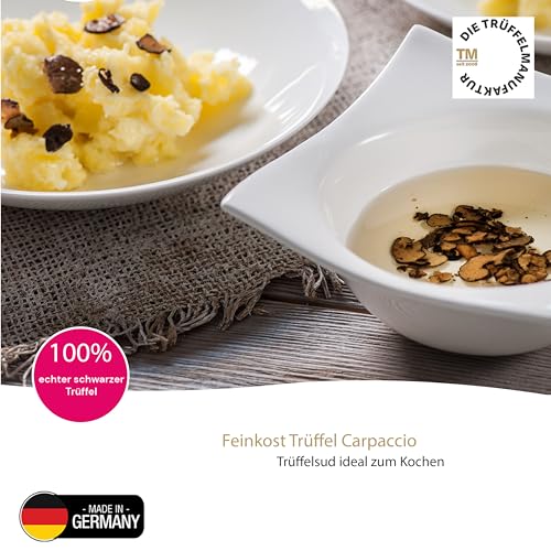 Die Trüffelmanufaktur - Feinkost Trüffel Carpaccio in feinen Scheiben und eigenem Sud, schwarzer echter Sommertrüffel, Trüffelscheiben im 30 g Glas perfekt als Beilage und zur Dekoration