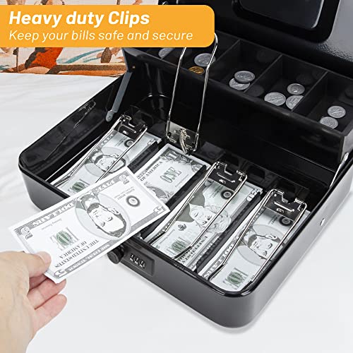 Sgorlds Large Locking Cash Box with Combination Lock and Money Tray, Money Box with Cash Tray, Lock Safe Box with code 11.8\" x 9.5\" x 3.5\", Black